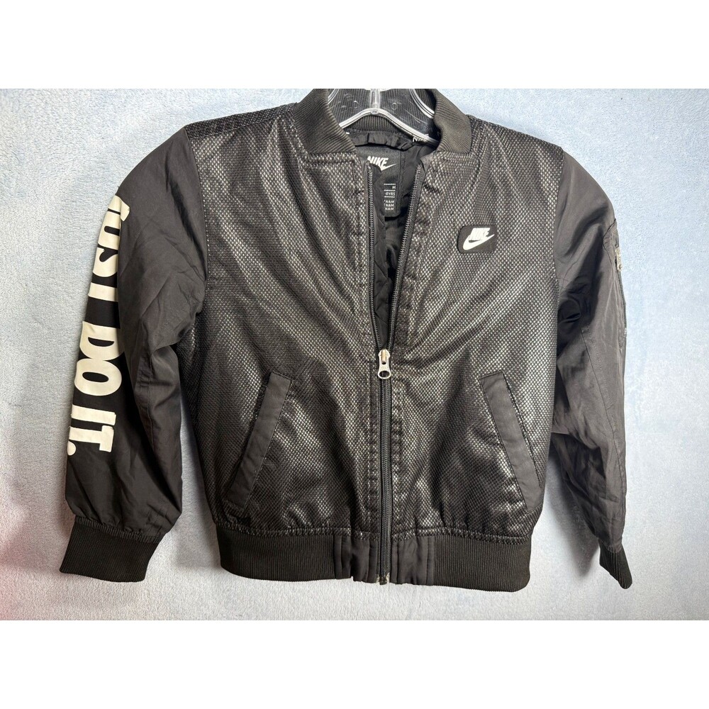 NIKE Boys Black Bomber Jacket Full Zip swoosh Logo JUST DO IT sleeve--size 5-6